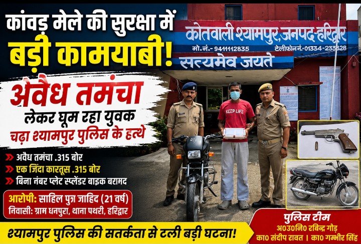 कांवड़ मेले की सुरक्षा में बड़ी कामयाबी: अवैध तमंचा लेकर घूम रहा युवक चढ़ा श्यामपुर पुलिस के हत्थे, बिना नंबर प्लेट बाइक भी बरामद
